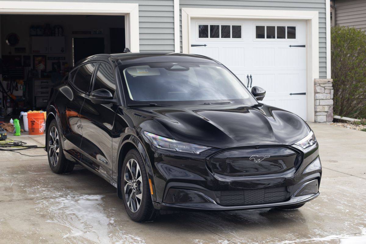 Glossy black Mustang Mach-E after a full exterior detail